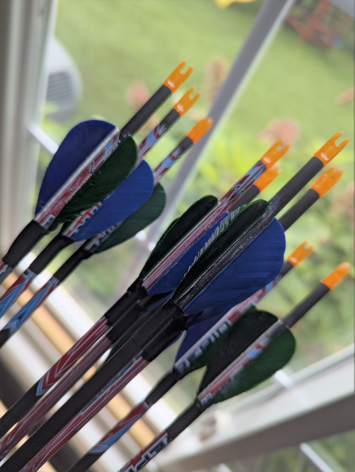 picture of a collection of arrows with blue and green fletching and orange nocks